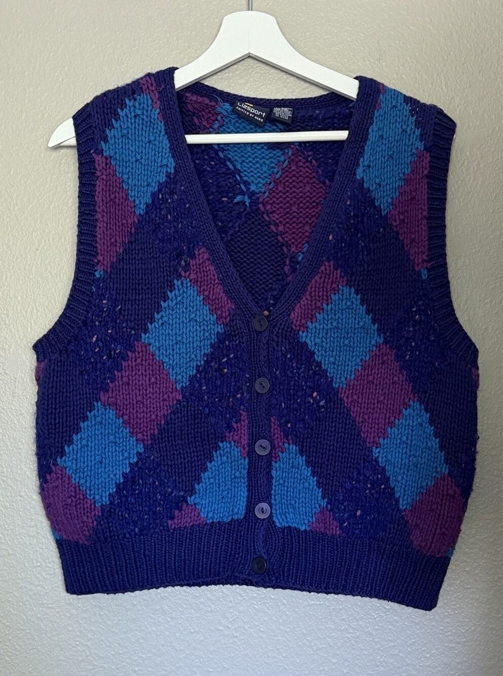 Vintage Liz Claiborne Hand Knit Sweater Vest Purple Geometric L Crop Cottagecore